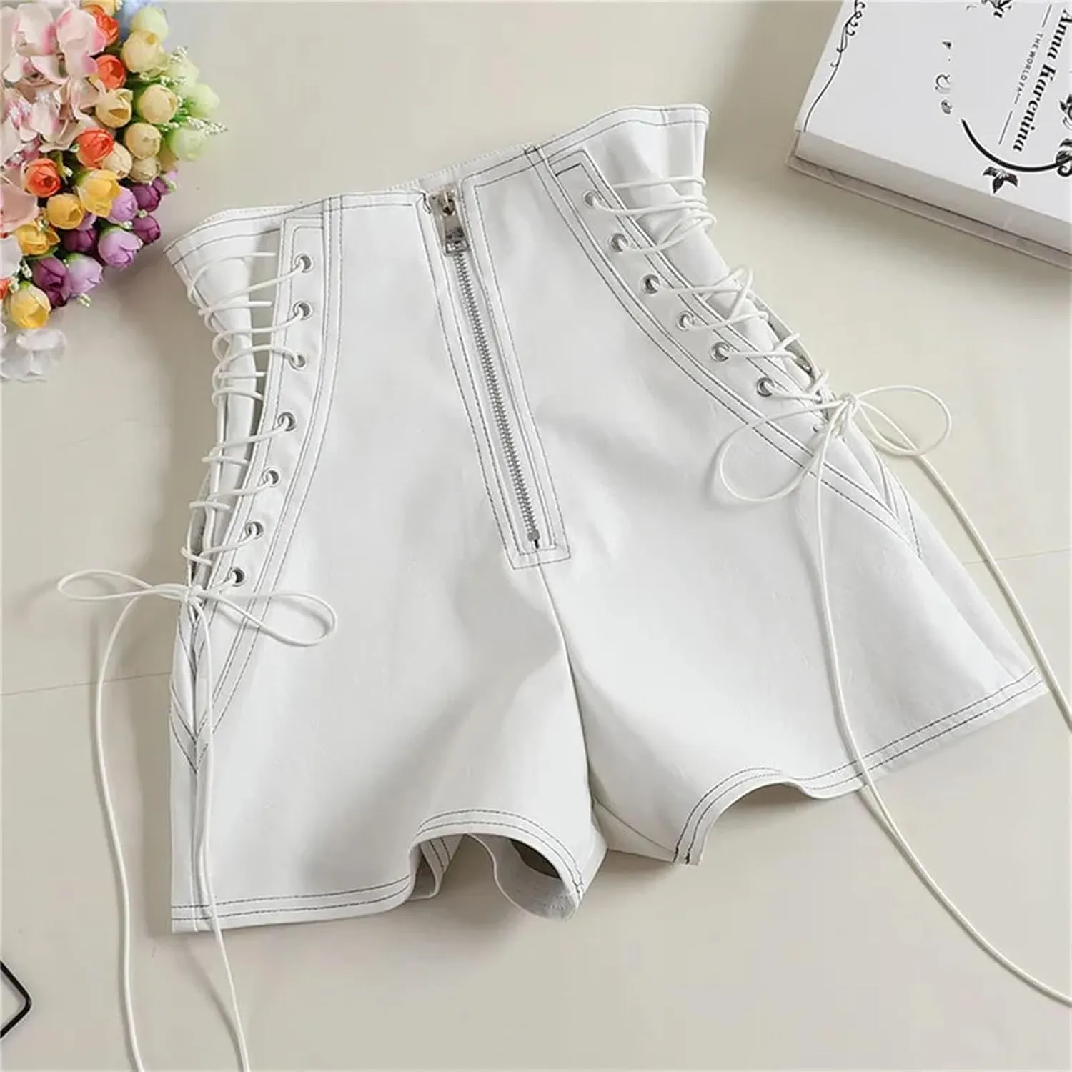 Women’s Side-Zipper Faux Leather Biker Shorts Reflective Stripes for Night Cycling Safety & Style
