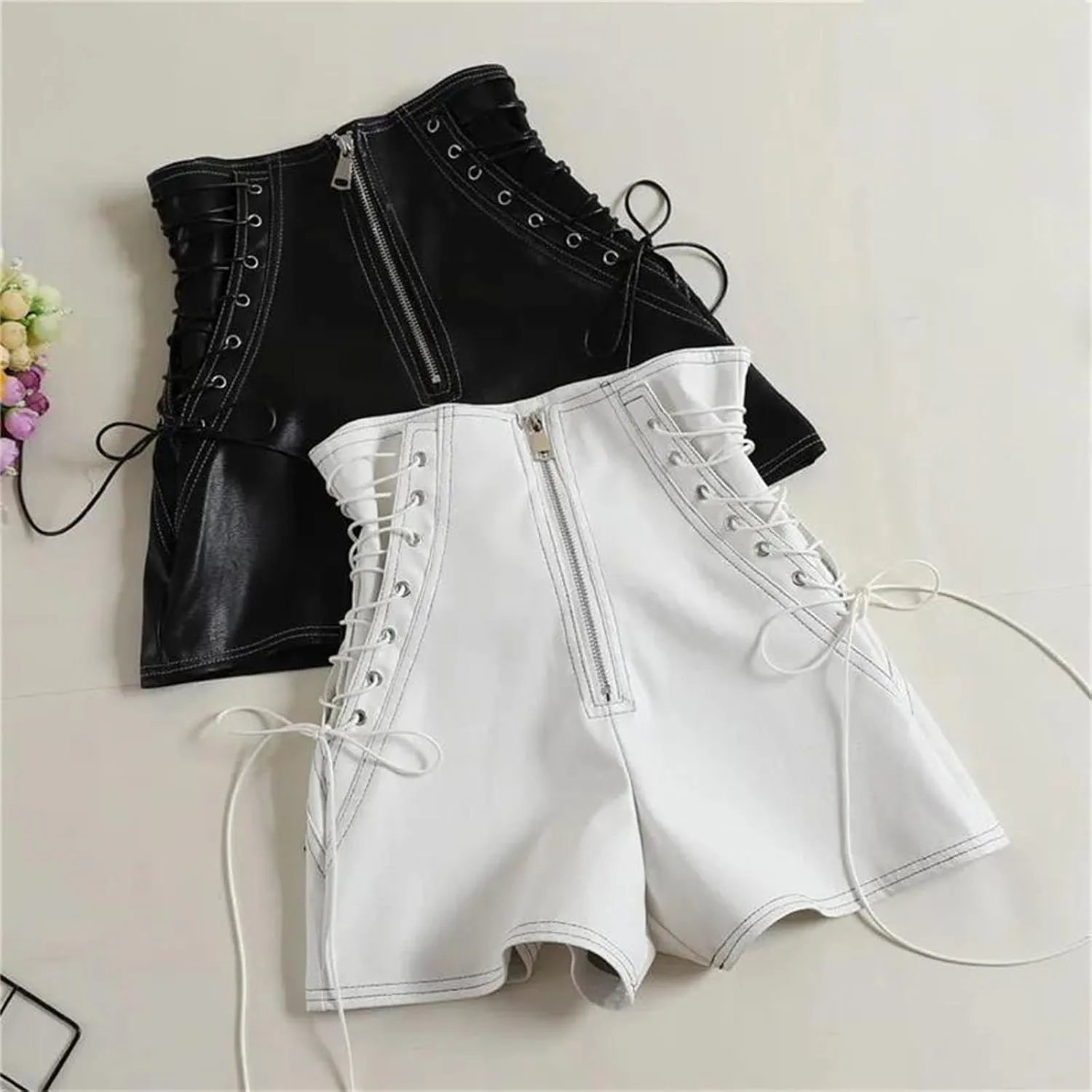 Women’s Side-Zipper Faux Leather Biker Shorts Reflective Stripes for Night Cycling Safety & Style