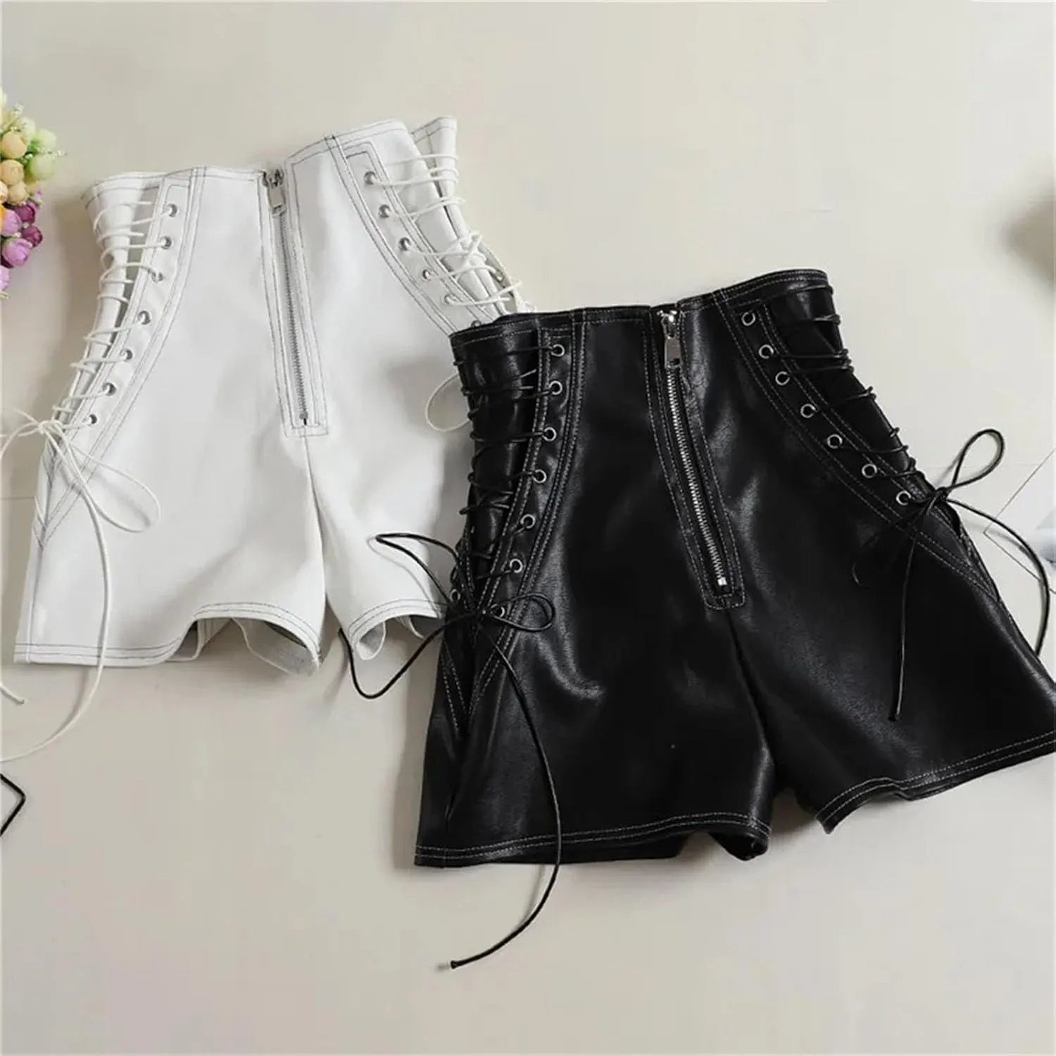 Women’s Side-Zipper Faux Leather Biker Shorts Reflective Stripes for Night Cycling Safety & Style
