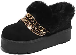 Women’s Slippers Platform Mini Boots for Suede Leather Slip-on Fluffy Warm Comfy