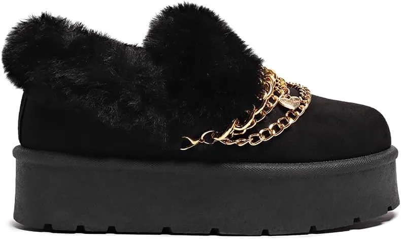 Women’s Slippers Platform Mini Boots for Suede Leather Slip-on Fluffy Warm Comfy