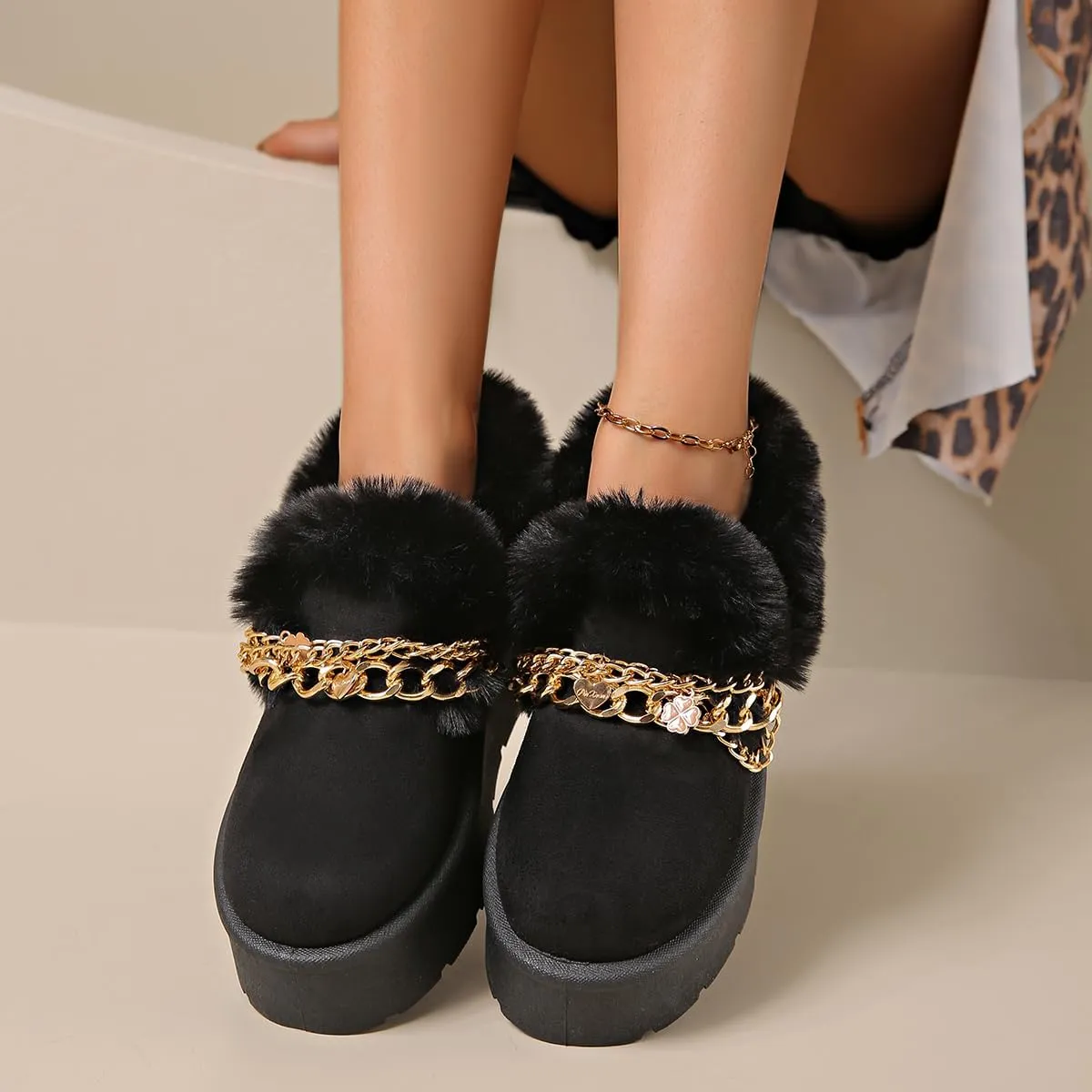 Women’s Slippers Platform Mini Boots for Suede Leather Slip-on Fluffy Warm Comfy