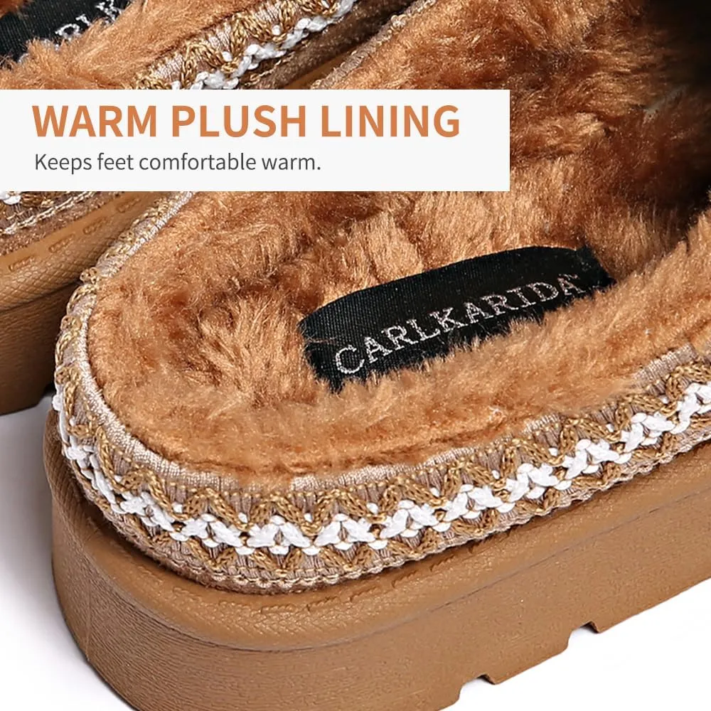 Women’s Slippers Platform Mini Boots for Suede Leather Slip-on Fluffy Warm Comfy