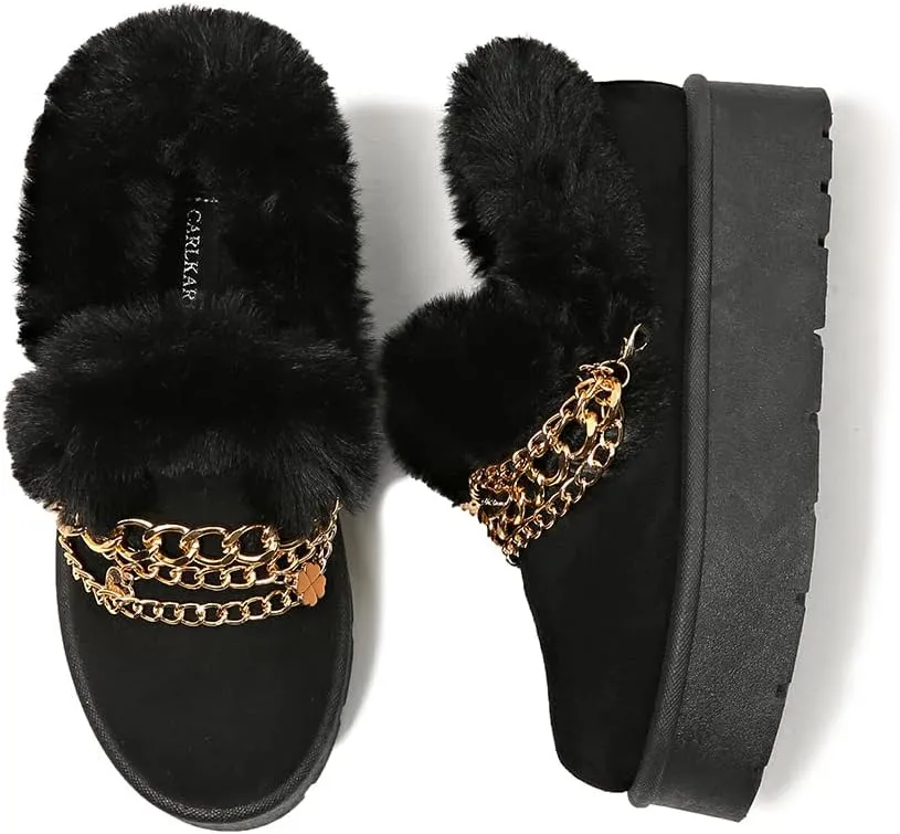 Women’s Slippers Platform Mini Boots for Suede Leather Slip-on Fluffy Warm Comfy