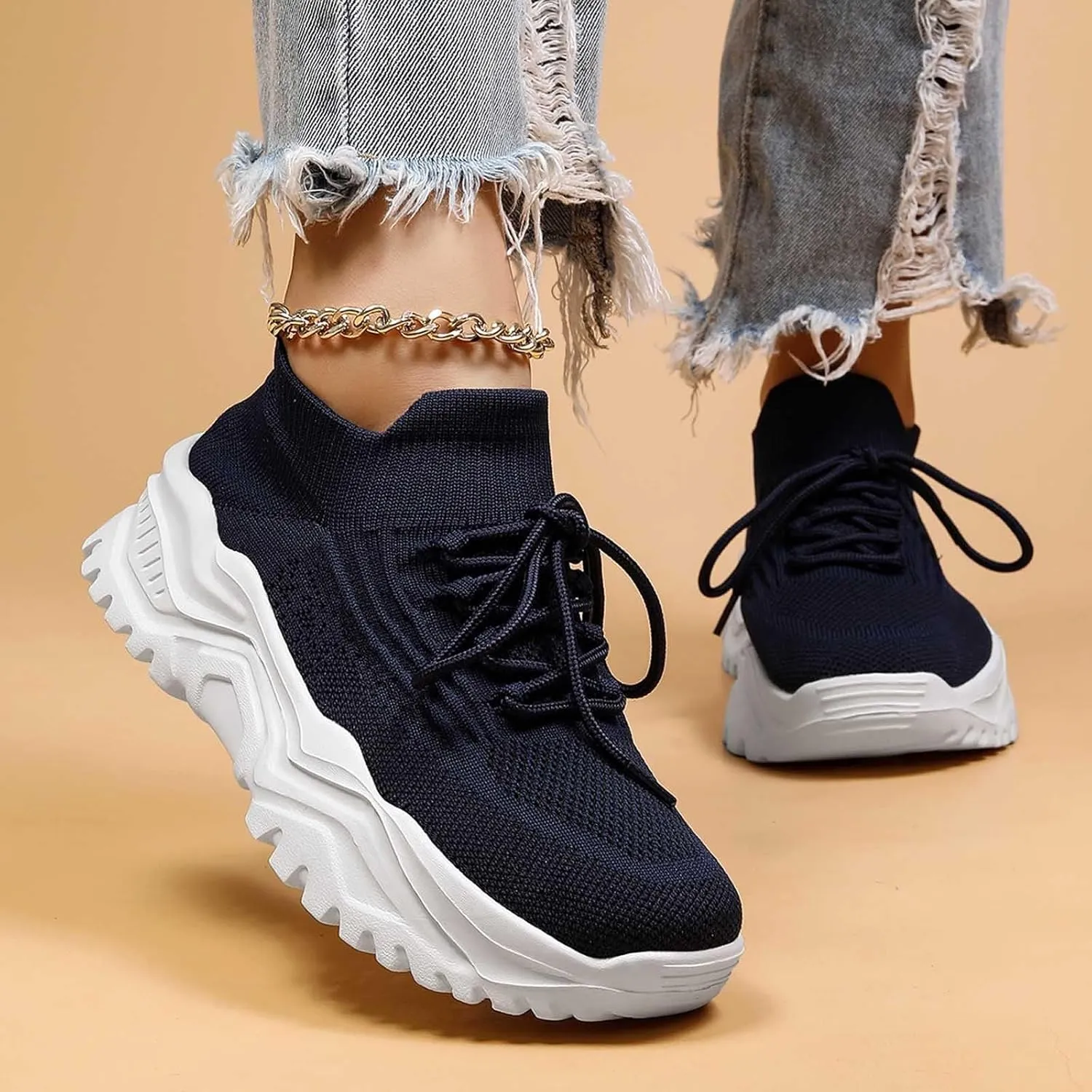 Women's Solid Color Fashion Four Season Lace Up Sneakers Solid Color Flying Woven Running Shoes Women's Water Shoes