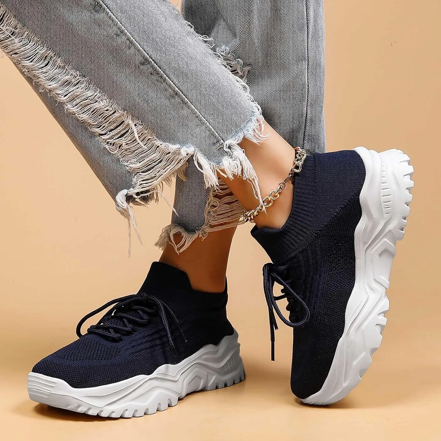 Women's Solid Color Fashion Four Season Lace Up Sneakers Solid Color Flying Woven Running Shoes Women's Water Shoes