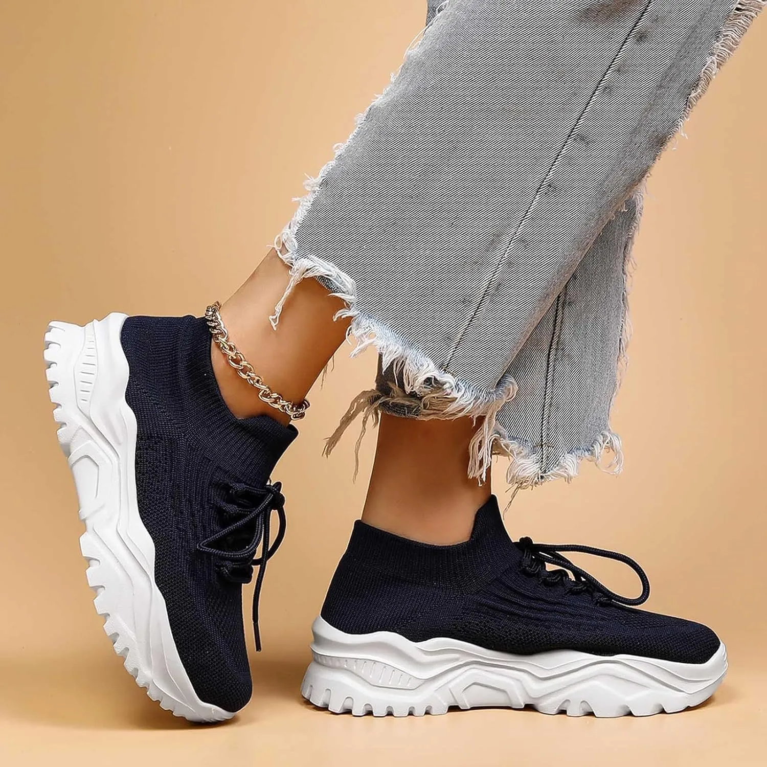 Women's Solid Color Fashion Four Season Lace Up Sneakers Solid Color Flying Woven Running Shoes Women's Water Shoes