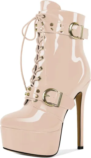 Womens Stiletto High Heel Platform Ankle Boots Round Toe Lace-up Zipper Mid Calf Buckle Patent Leather 6 Inch Sexy Booties