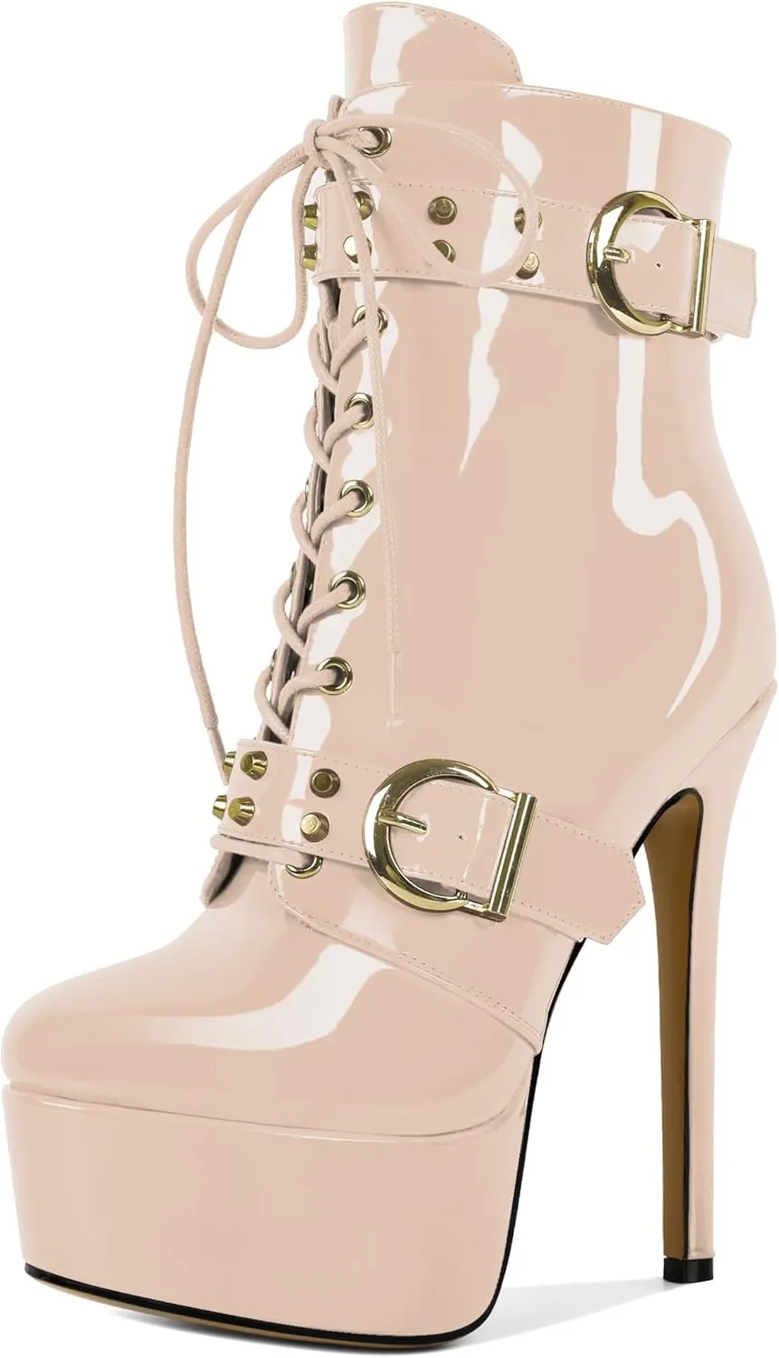 Womens Stiletto High Heel Platform Ankle Boots Round Toe Lace-up Zipper Mid Calf Buckle Patent Leather 6 Inch Sexy Booties
