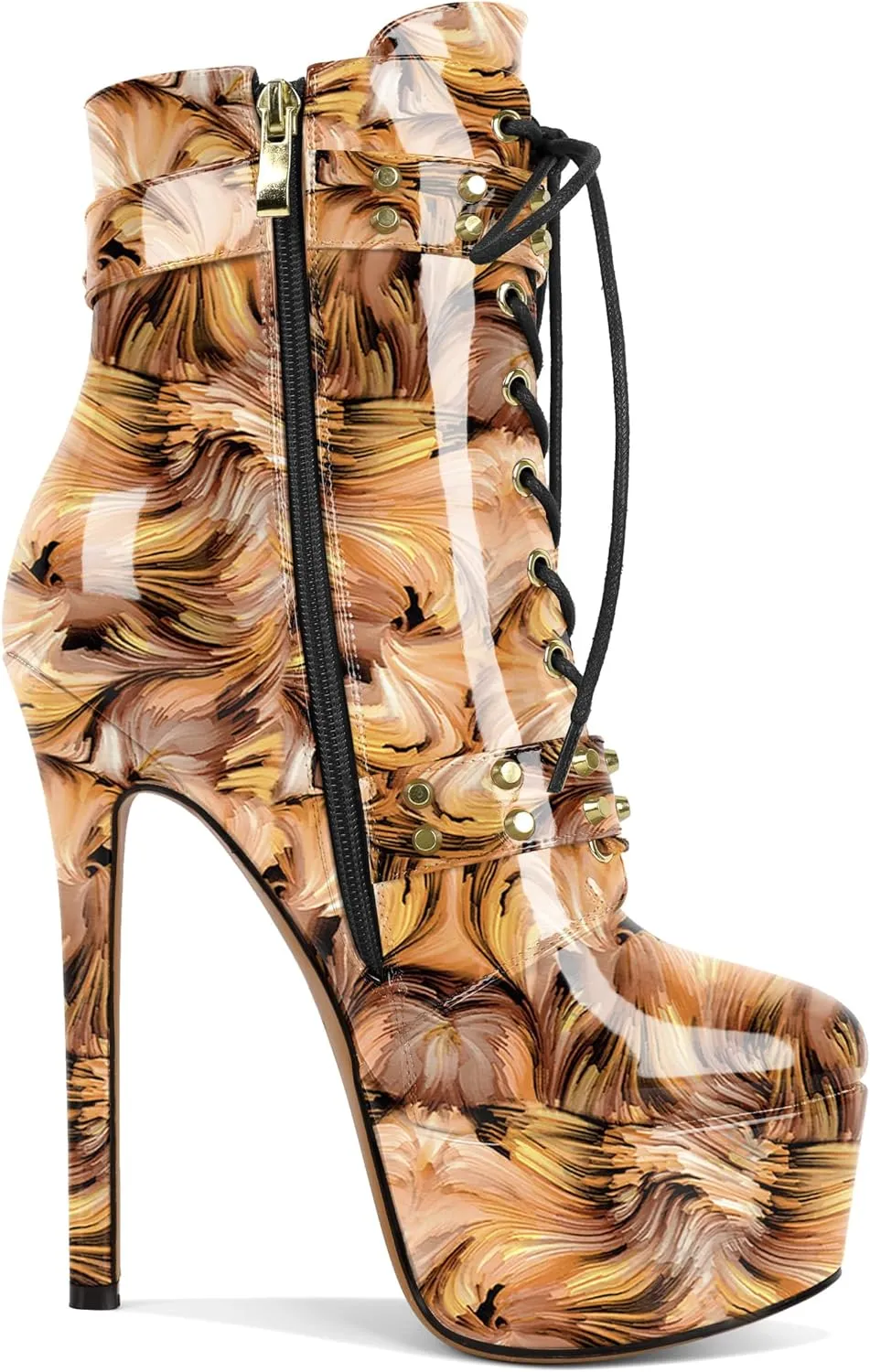 Womens Stiletto High Heel Platform Ankle Boots Round Toe Lace-up Zipper Mid Calf Buckle Patent Leather 6 Inch Sexy Booties