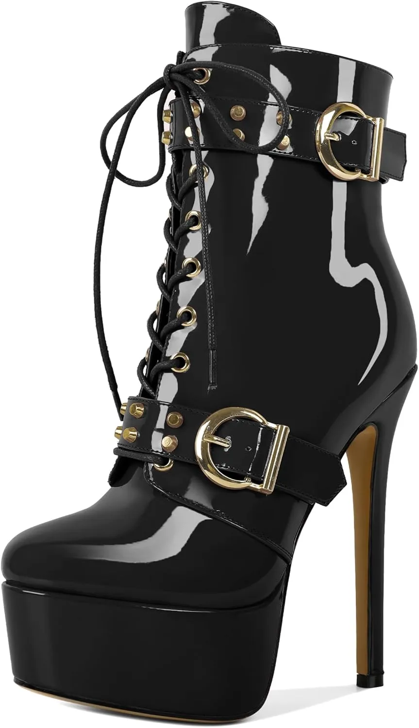 Womens Stiletto High Heel Platform Ankle Boots Round Toe Lace-up Zipper Mid Calf Buckle Patent Leather 6 Inch Sexy Booties