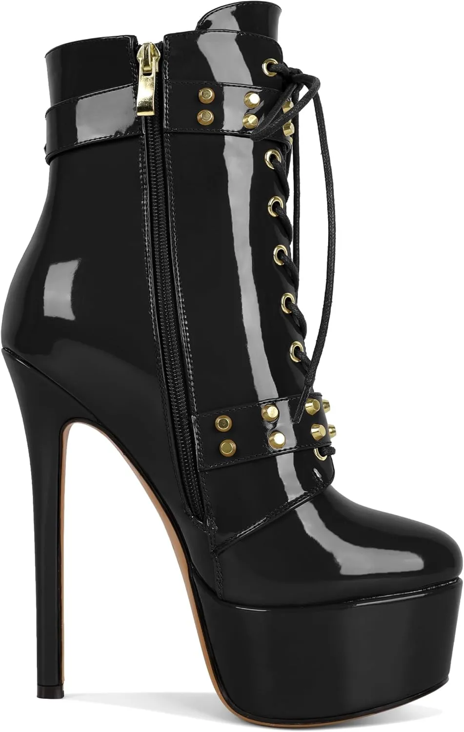 Womens Stiletto High Heel Platform Ankle Boots Round Toe Lace-up Zipper Mid Calf Buckle Patent Leather 6 Inch Sexy Booties
