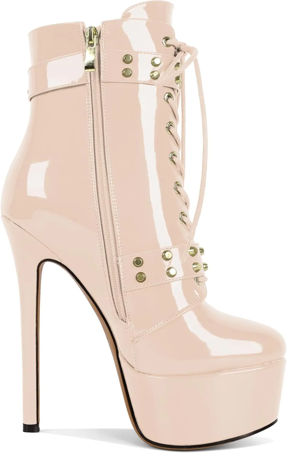Womens Stiletto High Heel Platform Ankle Boots Round Toe Lace-up Zipper Mid Calf Buckle Patent Leather 6 Inch Sexy Booties