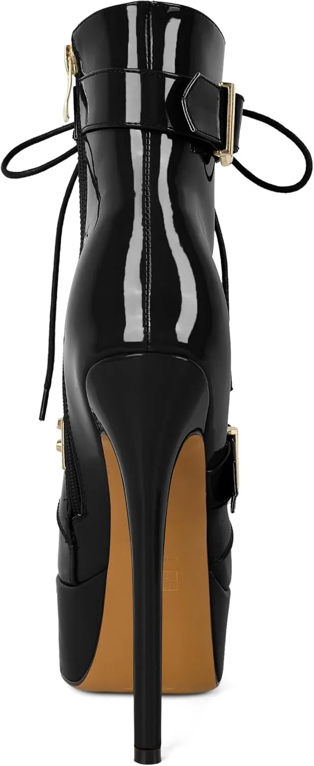 Womens Stiletto High Heel Platform Ankle Boots Round Toe Lace-up Zipper Mid Calf Buckle Patent Leather 6 Inch Sexy Booties