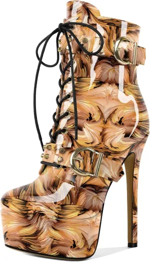Womens Stiletto High Heel Platform Ankle Boots Round Toe Lace-up Zipper Mid Calf Buckle Patent Leather 6 Inch Sexy Booties