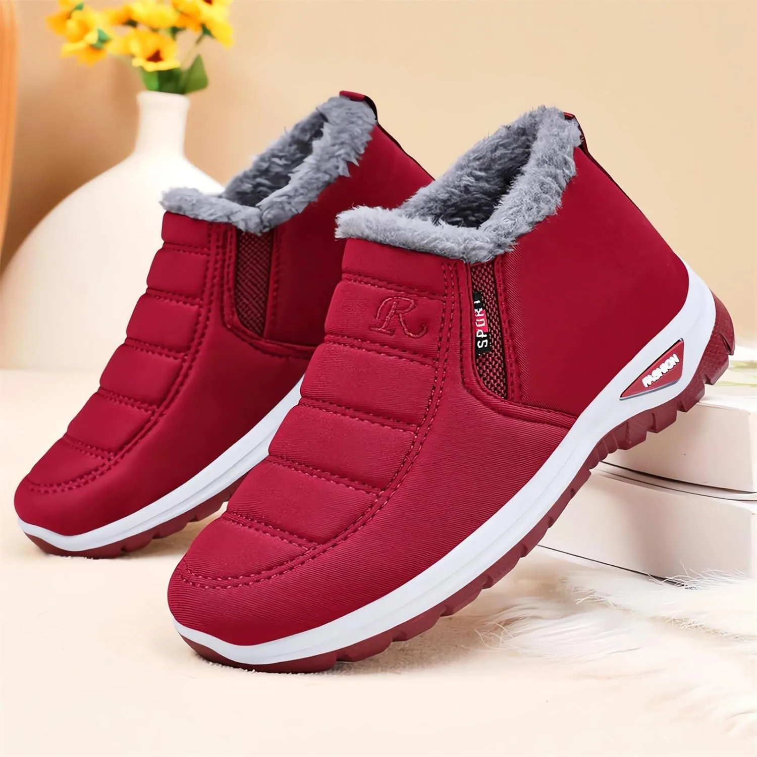 Women's Warm Sheepskin-Lined Boots Ladies Winter Ankle Slip on Short Snow Fur Lined Boots Comfortable Waterproof Orthopedic Walking Fur Fuzzy Thermal Soft Booties Wide Warm Arch Support Shoes