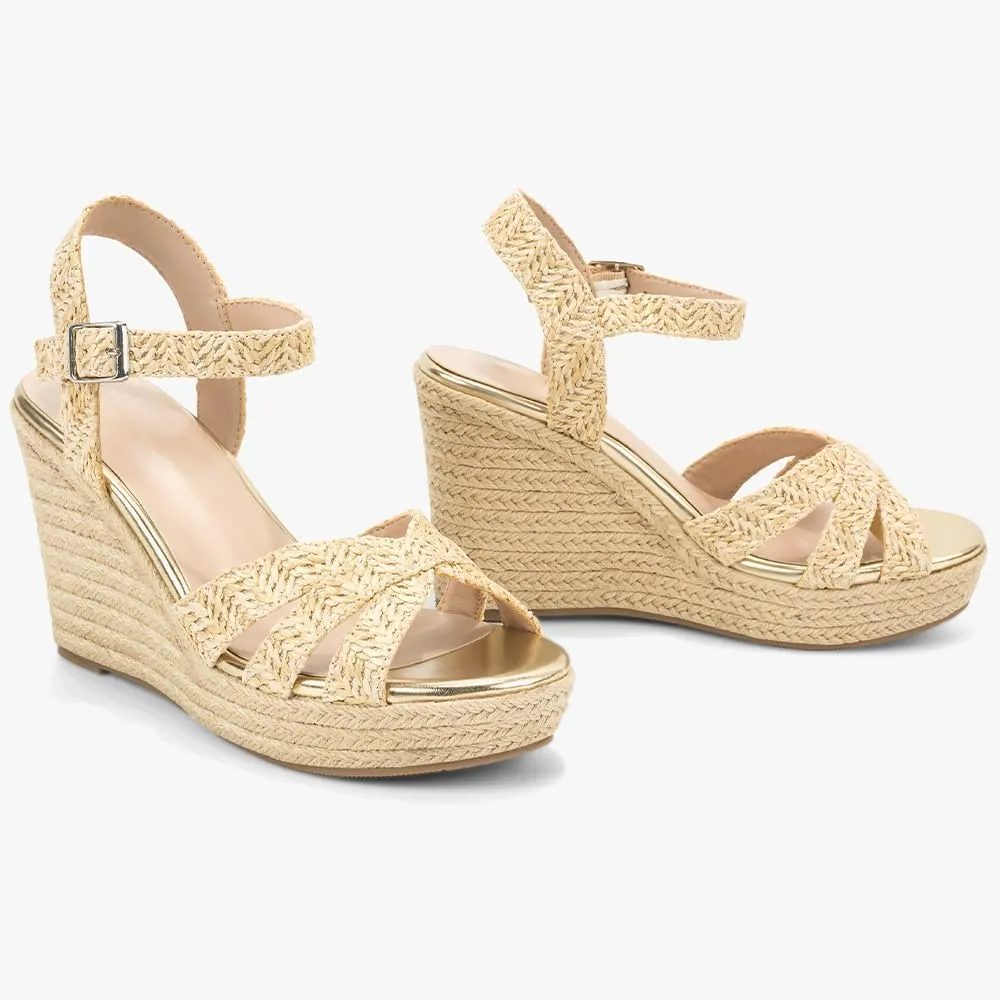 Women's Wedge Platform Sandals - Stylish Raffia Woven Espadrilles Summer Sandals Women's Open Toe Buckle Ankle Wedge Heels