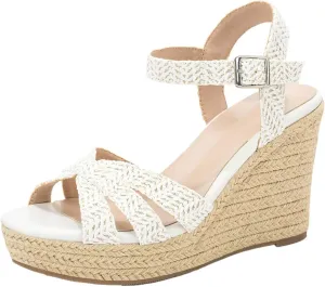 Women's Wedge Platform Sandals - Stylish Raffia Woven Espadrilles Summer Sandals Women's Open Toe Buckle Ankle Wedge Heels