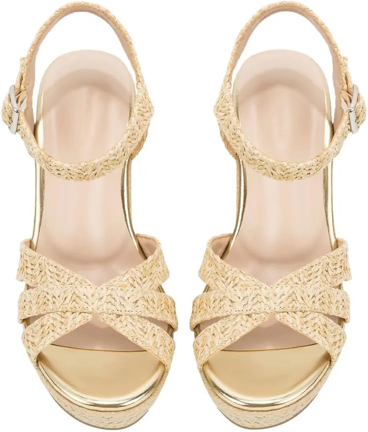 Women's Wedge Platform Sandals - Stylish Raffia Woven Espadrilles Summer Sandals Women's Open Toe Buckle Ankle Wedge Heels