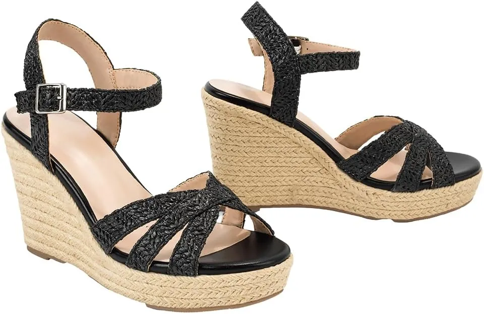 Women's Wedge Platform Sandals - Stylish Raffia Woven Espadrilles Summer Sandals Women's Open Toe Buckle Ankle Wedge Heels