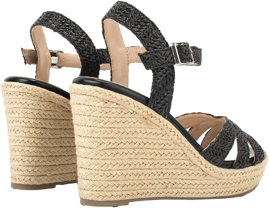 Women's Wedge Platform Sandals - Stylish Raffia Woven Espadrilles Summer Sandals Women's Open Toe Buckle Ankle Wedge Heels