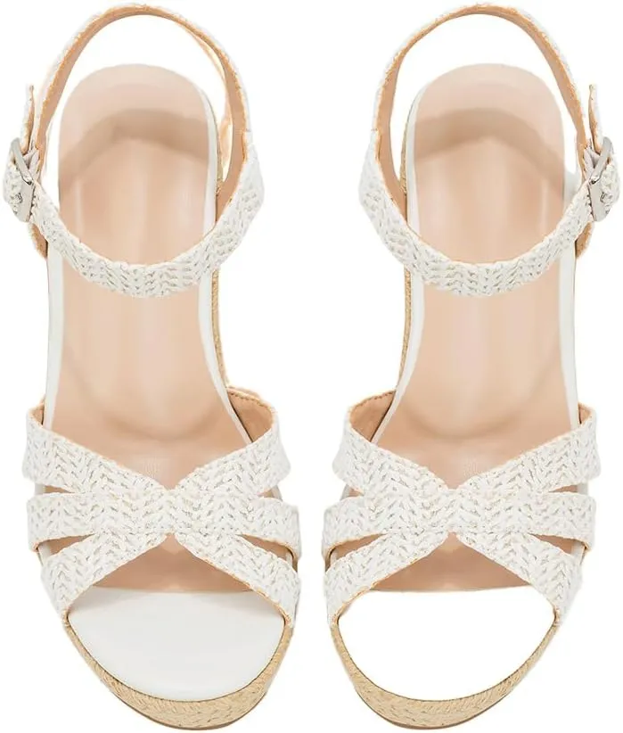 Women's Wedge Platform Sandals - Stylish Raffia Woven Espadrilles Summer Sandals Women's Open Toe Buckle Ankle Wedge Heels
