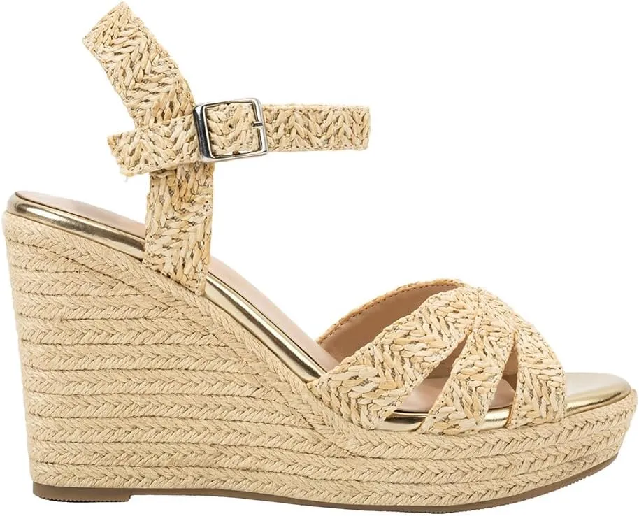 Women's Wedge Platform Sandals - Stylish Raffia Woven Espadrilles Summer Sandals Women's Open Toe Buckle Ankle Wedge Heels