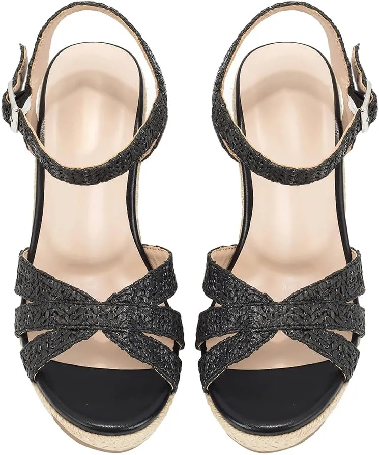 Women's Wedge Platform Sandals - Stylish Raffia Woven Espadrilles Summer Sandals Women's Open Toe Buckle Ankle Wedge Heels