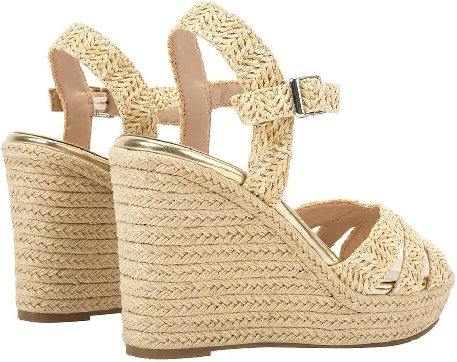 Women's Wedge Platform Sandals - Stylish Raffia Woven Espadrilles Summer Sandals Women's Open Toe Buckle Ankle Wedge Heels