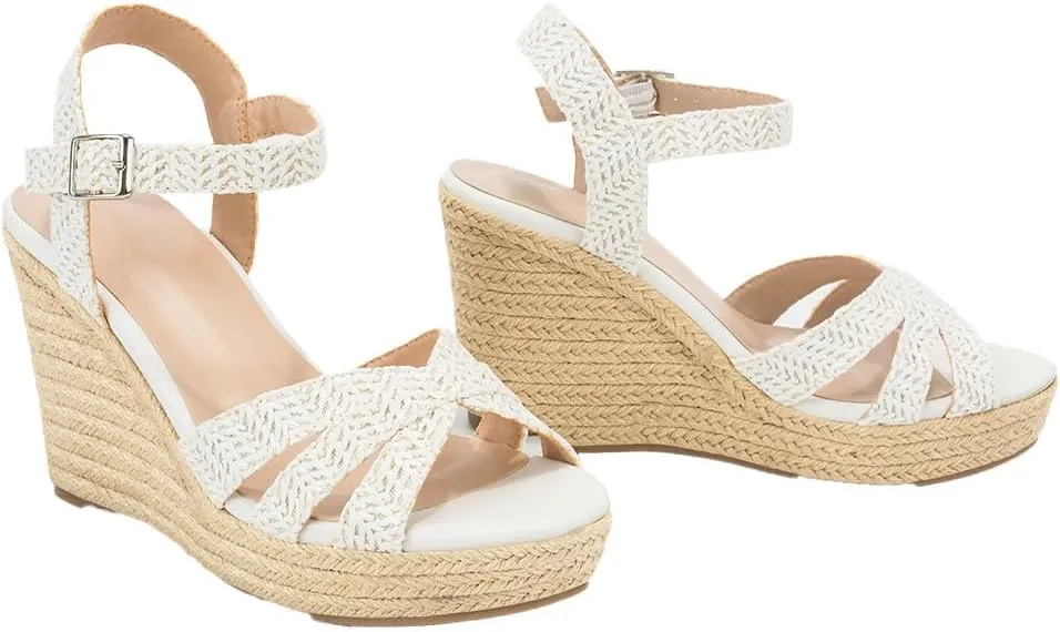 Women's Wedge Platform Sandals - Stylish Raffia Woven Espadrilles Summer Sandals Women's Open Toe Buckle Ankle Wedge Heels