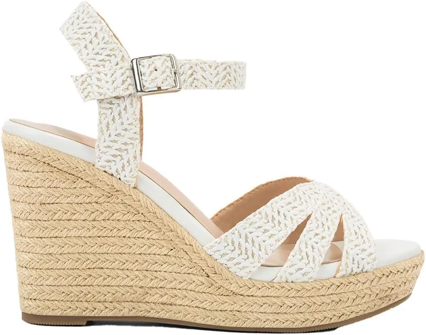 Women's Wedge Platform Sandals - Stylish Raffia Woven Espadrilles Summer Sandals Women's Open Toe Buckle Ankle Wedge Heels