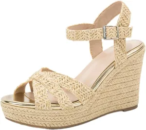 Women's Wedge Platform Sandals - Stylish Raffia Woven Espadrilles Summer Sandals Women's Open Toe Buckle Ankle Wedge Heels