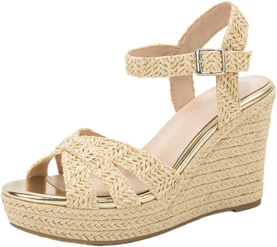 Women's Wedge Platform Sandals - Stylish Raffia Woven Espadrilles Summer Sandals Women's Open Toe Buckle Ankle Wedge Heels
