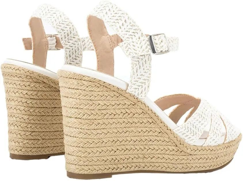 Women's Wedge Platform Sandals - Stylish Raffia Woven Espadrilles Summer Sandals Women's Open Toe Buckle Ankle Wedge Heels