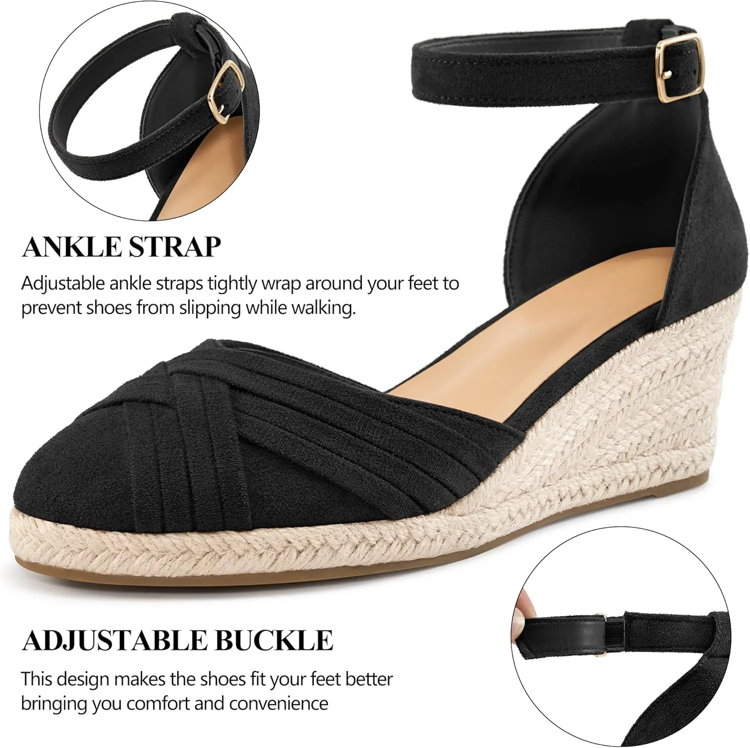 Womens Wedge Sandals Dressy: Ankle Strap Espadrille Wedges for Women - Casual Closed Toe Wedding Shoes