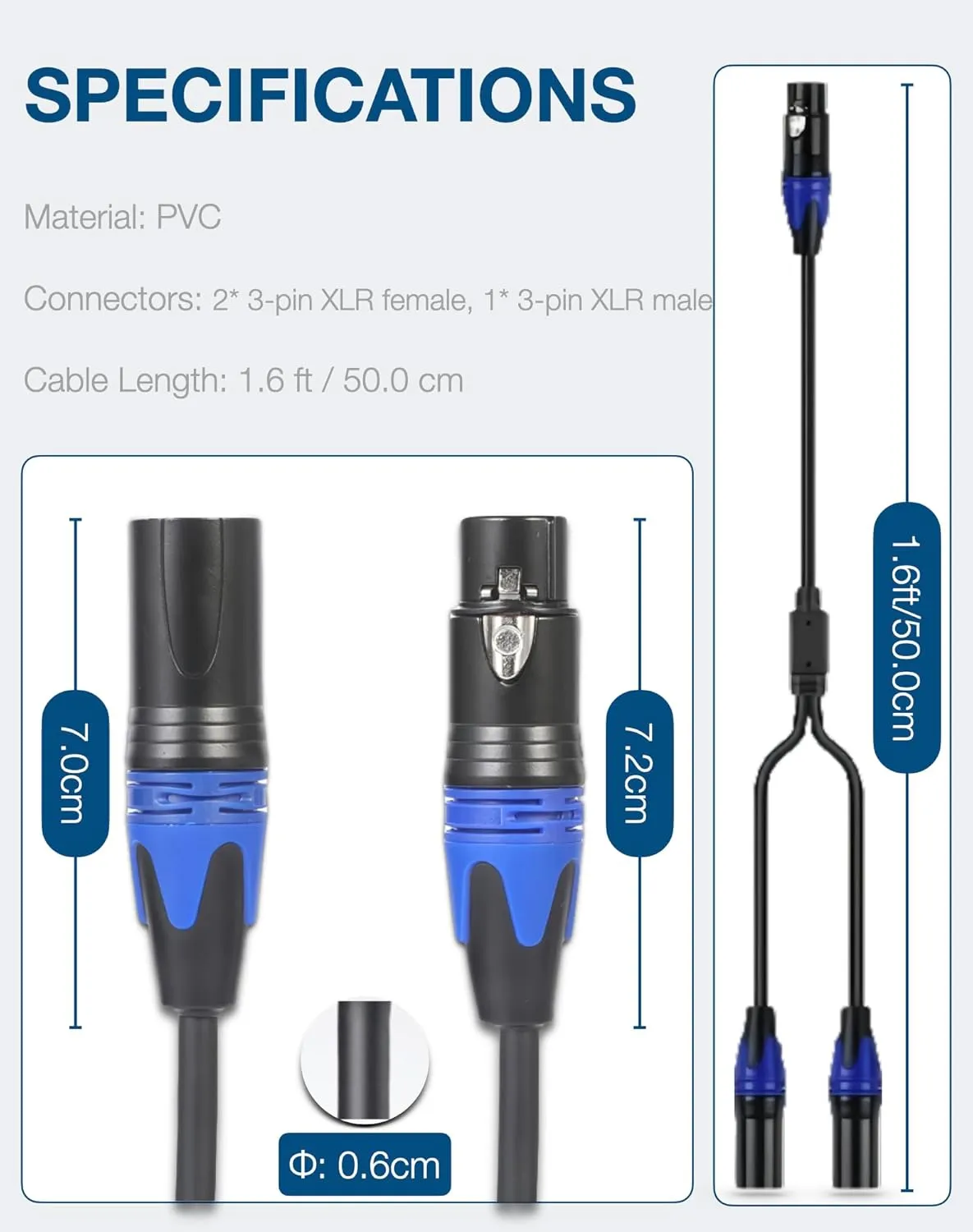 XLR Y Splitter Cable (1.6ft) - 1 Female to 2 Male Balanced Audio Adapter, Professional Grade XLR Splitter for Microphones, Mixers & Studio Equipment