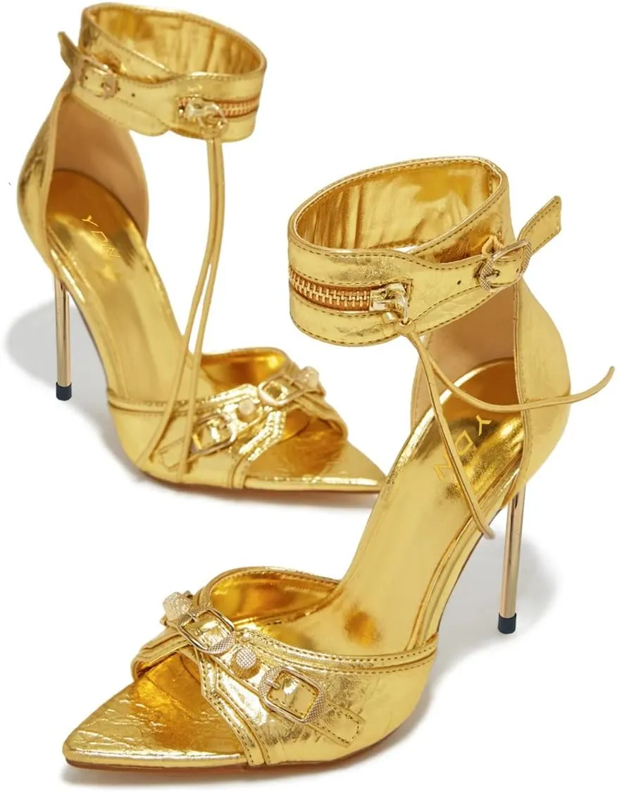 YDN Women Fashion Rivet Sandals Pointed Open Toe Buckle Ankle Strap Metal Stiletto High Heels Shoes Shopping Party Daily Size 4-16 US