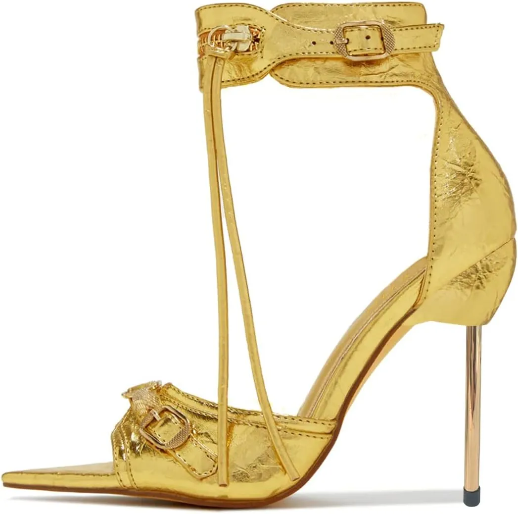 YDN Women Fashion Rivet Sandals Pointed Open Toe Buckle Ankle Strap Metal Stiletto High Heels Shoes Shopping Party Daily Size 4-16 US
