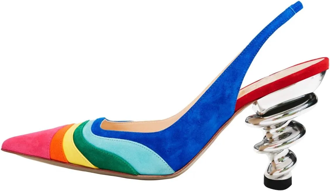 YDN Women Trendy Metallic Spiral Heels Slip On Sandals Slingback Elastic Pointed Toe Pumps Daily Party Shoes 4-15 US