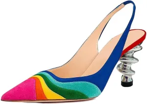 YDN Women Trendy Metallic Spiral Heels Slip On Sandals Slingback Elastic Pointed Toe Pumps Daily Party Shoes 4-15 US