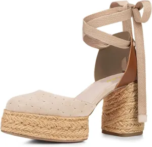 YDN Women's Strappy Platform Sandal Pumps Comfy Chunky Block Mid Heels Lace Up Ankle Strap Backless Shoes for Travel Dating Party Daily Size 4-16 US