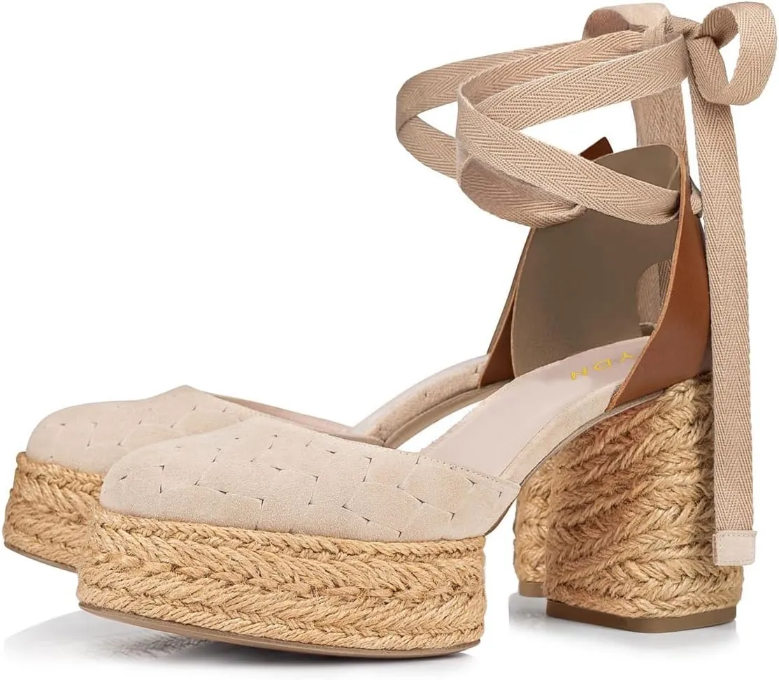 YDN Women's Strappy Platform Sandal Pumps Comfy Chunky Block Mid Heels Lace Up Ankle Strap Backless Shoes for Travel Dating Party Daily Size 4-16 US