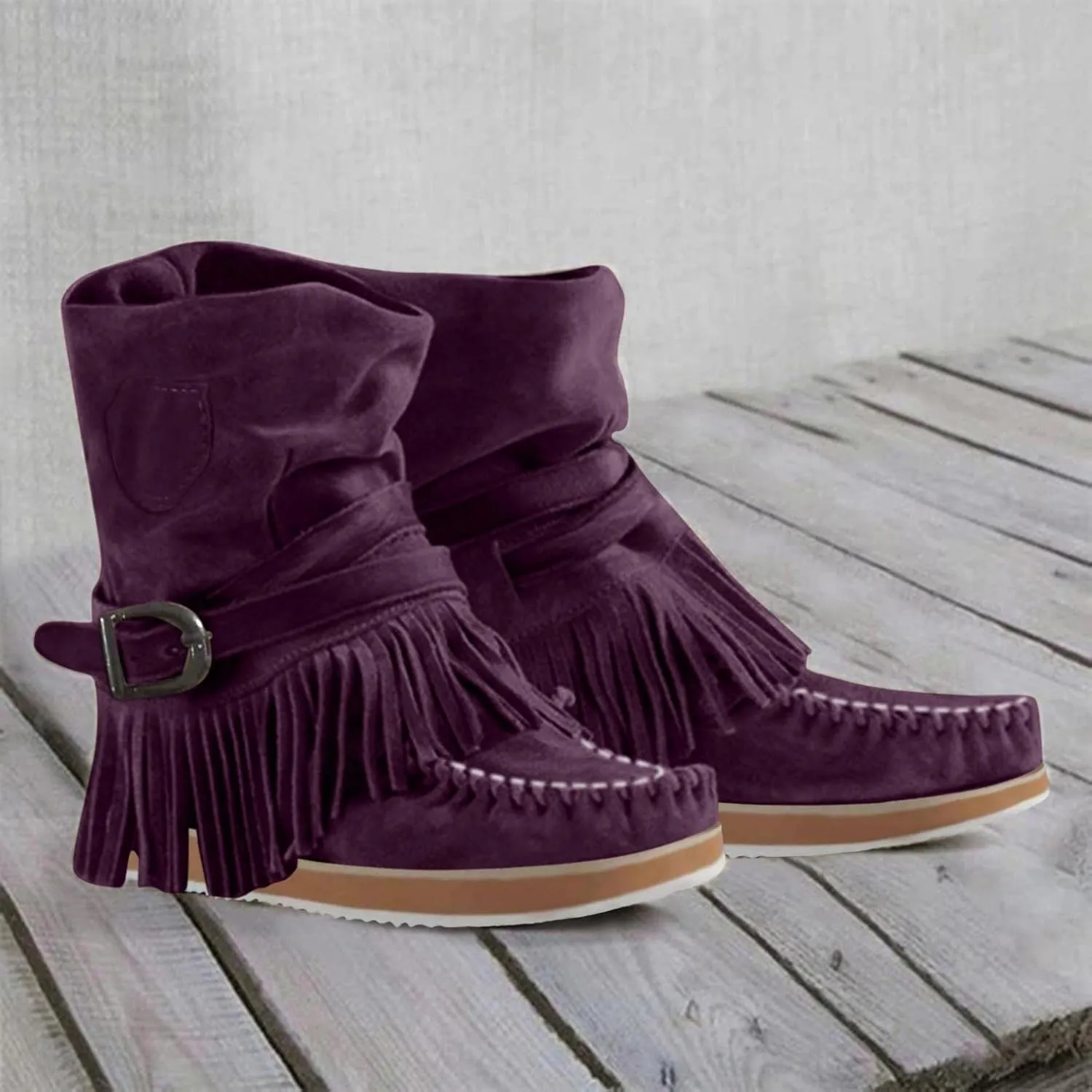 ZBYY Women's Tassel Booties Fashion Fringe Suede Moccasins Ankle Boots Retro Winter Low Heel Dress Shoes for Lady