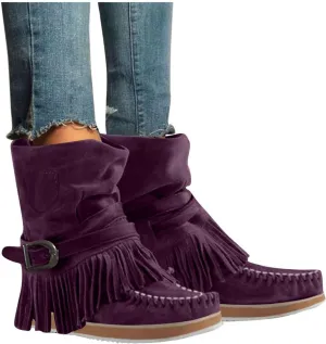 ZBYY Women's Tassel Booties Fashion Fringe Suede Moccasins Ankle Boots Retro Winter Low Heel Dress Shoes for Lady