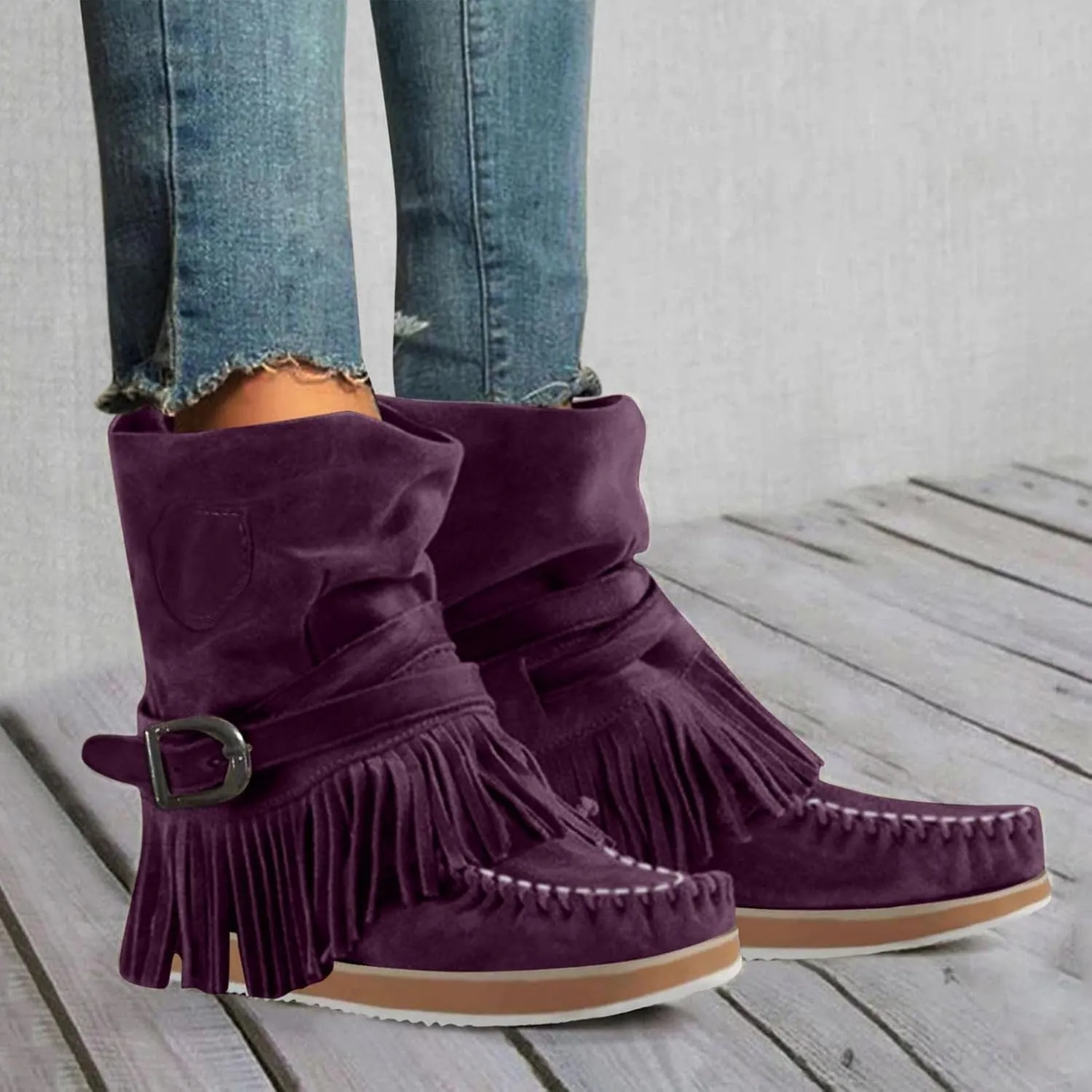 ZBYY Women's Tassel Booties Fashion Fringe Suede Moccasins Ankle Boots Retro Winter Low Heel Dress Shoes for Lady