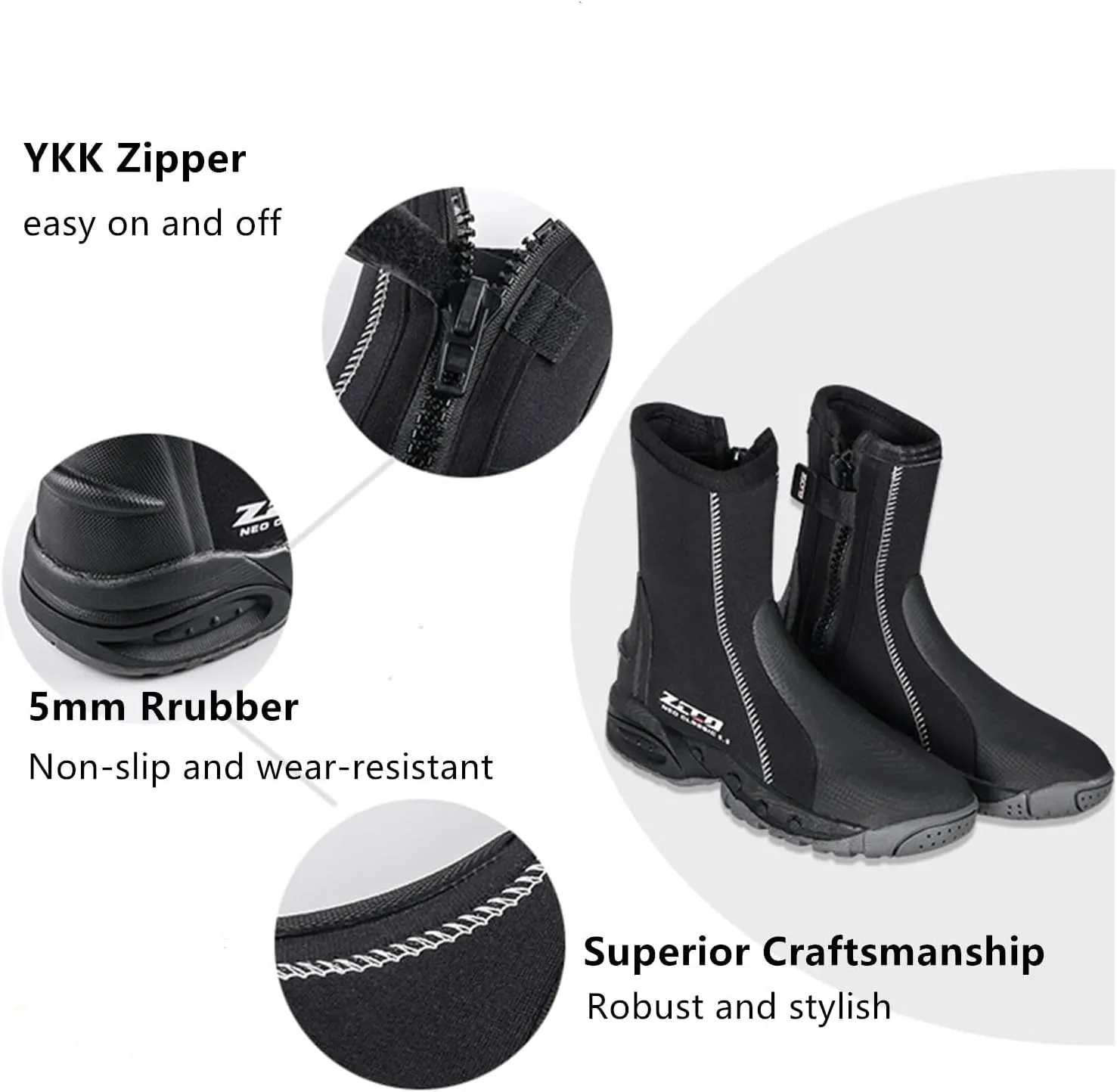 ZCCO 5mm Neoprene Diving Boots with Anti-Slip Rubber Sole, Scuba Snorkeling Boots, Ideal for Water Sports, Black