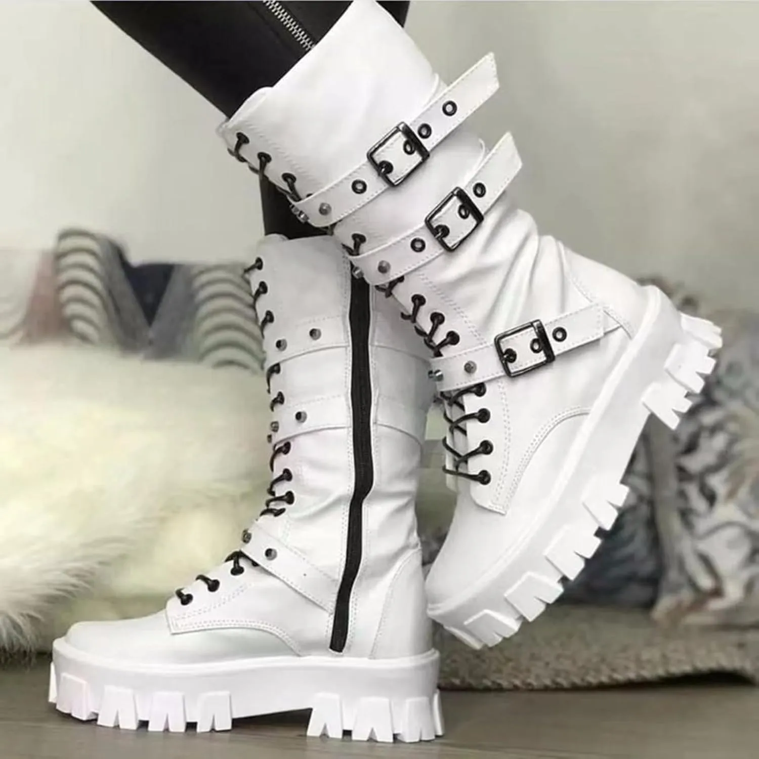 ZKXYFFS Women's Goth Ankle Booties Chunky High Heel Mid Calf Boots Side Zip Combat Lace Up Punk Rivet Motorcycle Platform Boots