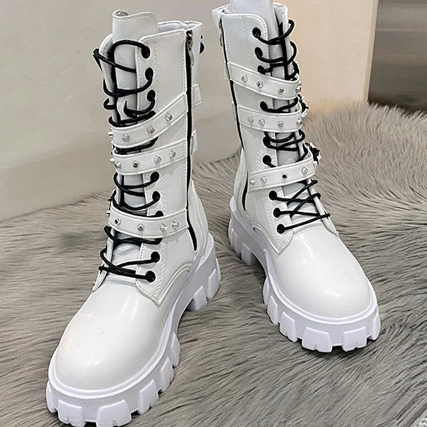 ZKXYFFS Women's Goth Ankle Booties Chunky High Heel Mid Calf Boots Side Zip Combat Lace Up Punk Rivet Motorcycle Platform Boots