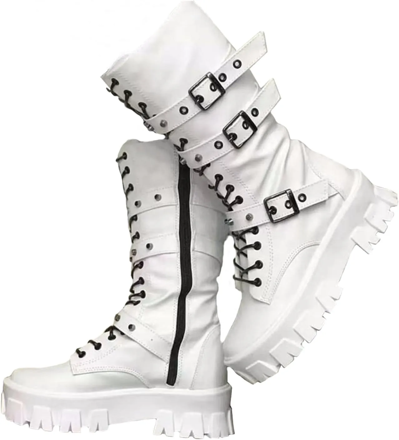 ZKXYFFS Women's Goth Ankle Booties Chunky High Heel Mid Calf Boots Side Zip Combat Lace Up Punk Rivet Motorcycle Platform Boots