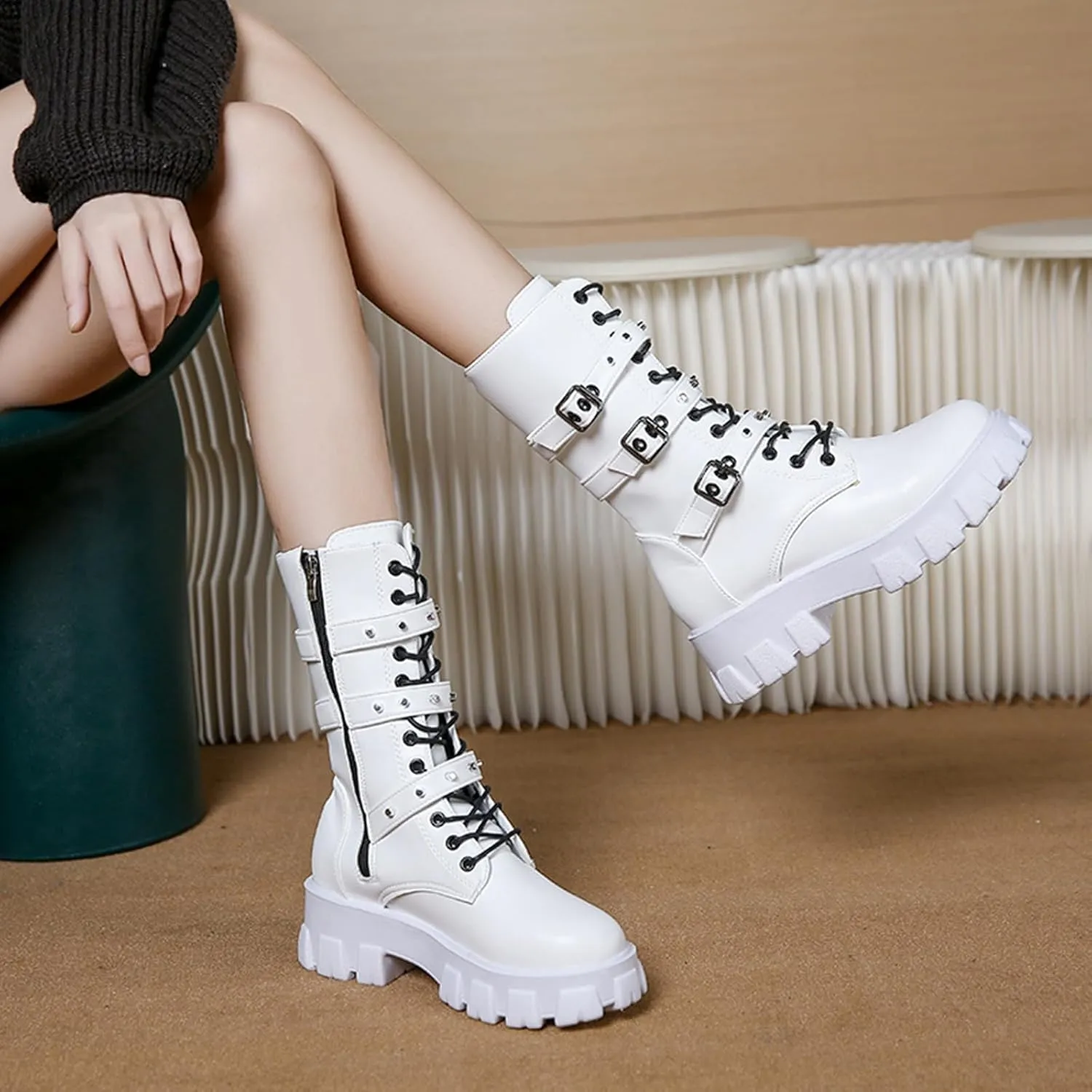 ZKXYFFS Women's Goth Ankle Booties Chunky High Heel Mid Calf Boots Side Zip Combat Lace Up Punk Rivet Motorcycle Platform Boots